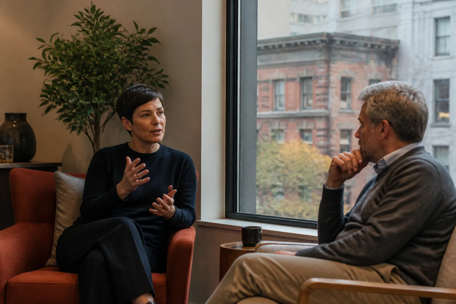 Two adults in a focused one-to-one conversation by a window.