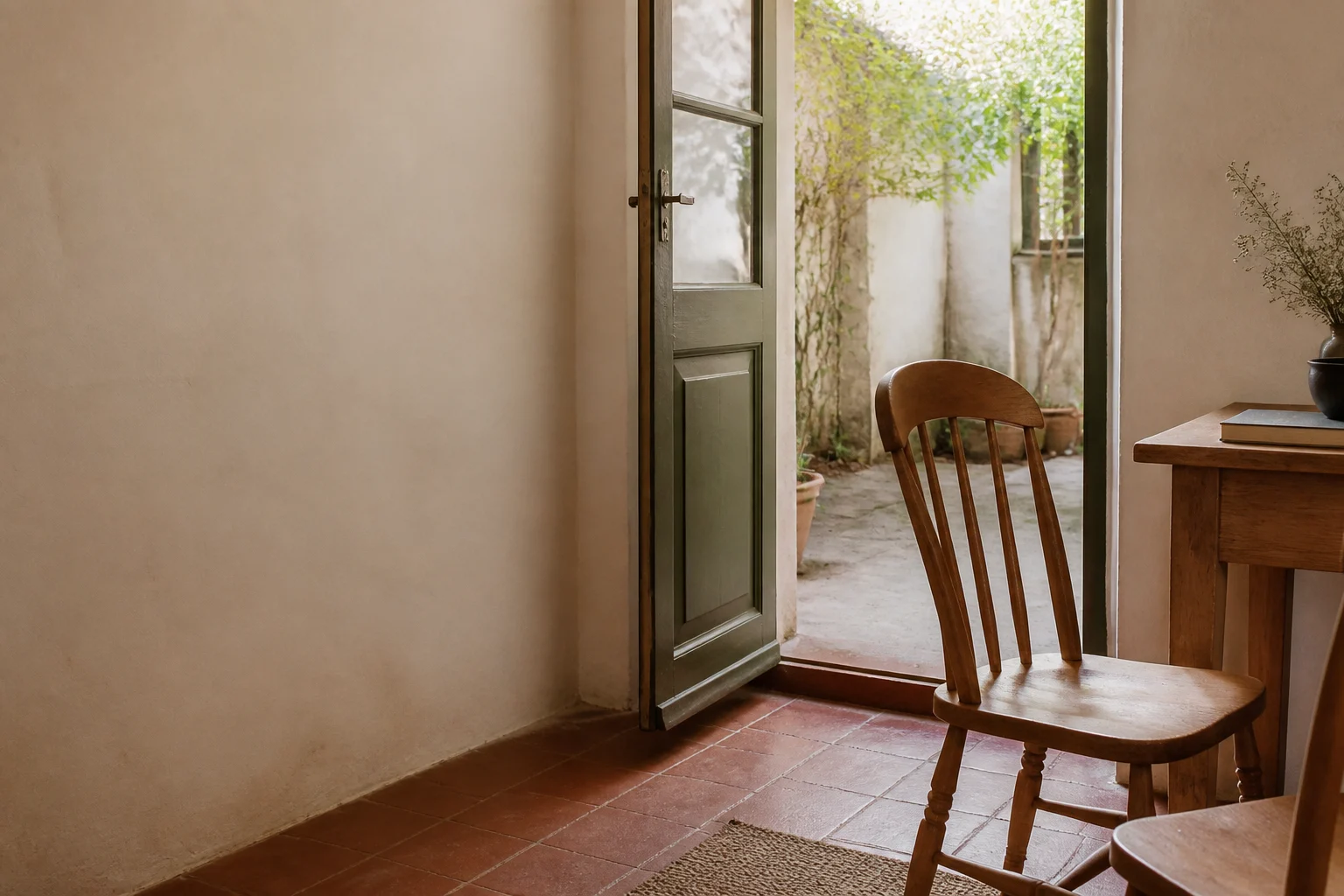 An open door and an empty chair in a quiet room.